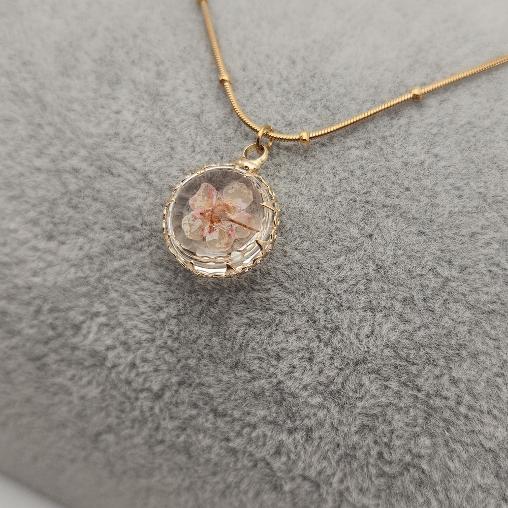 Pink Pressed Flower Resin Necklace 18k Gold Plated Stainless Steel Adjustable